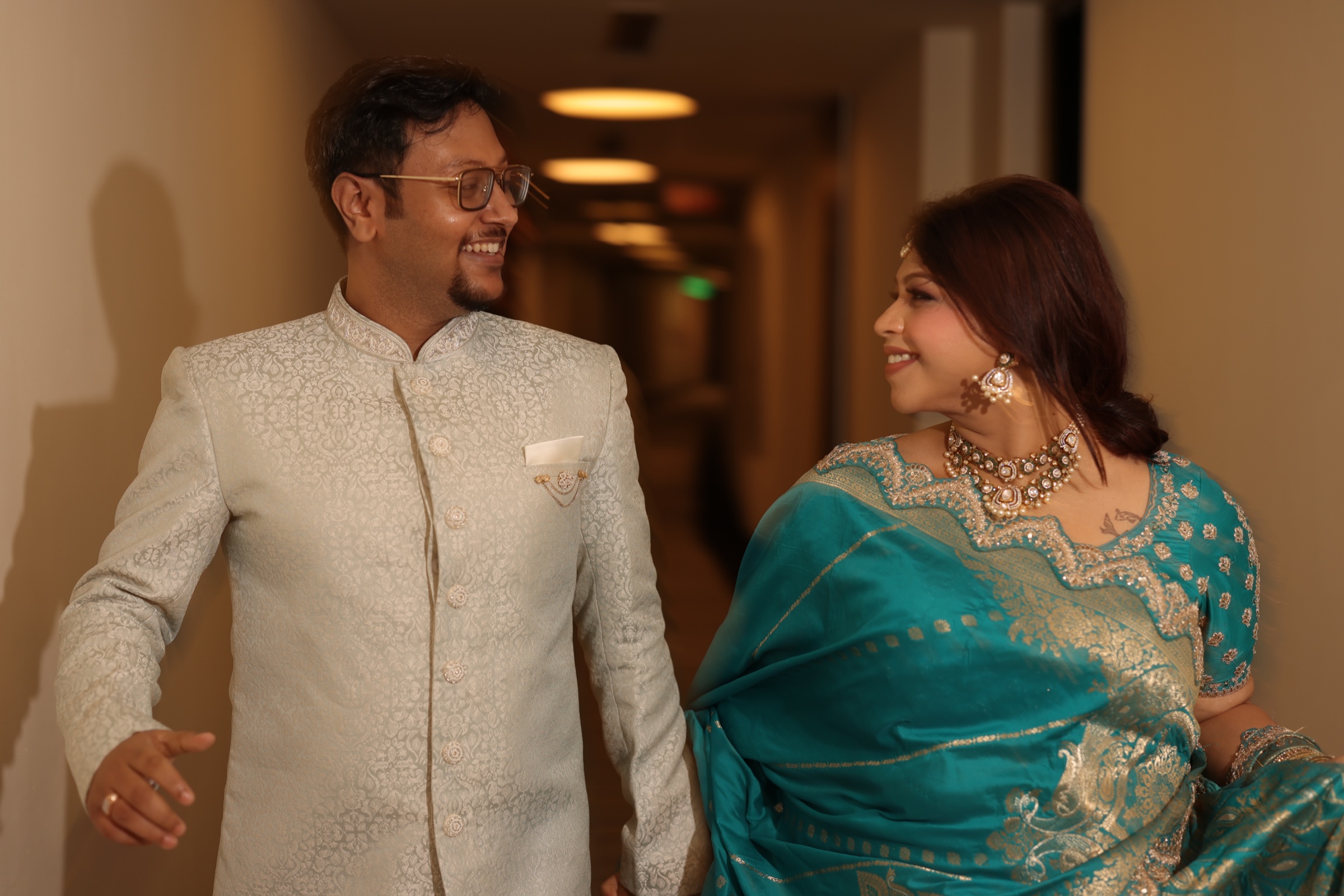 Soham and Tania smiling during their engagement